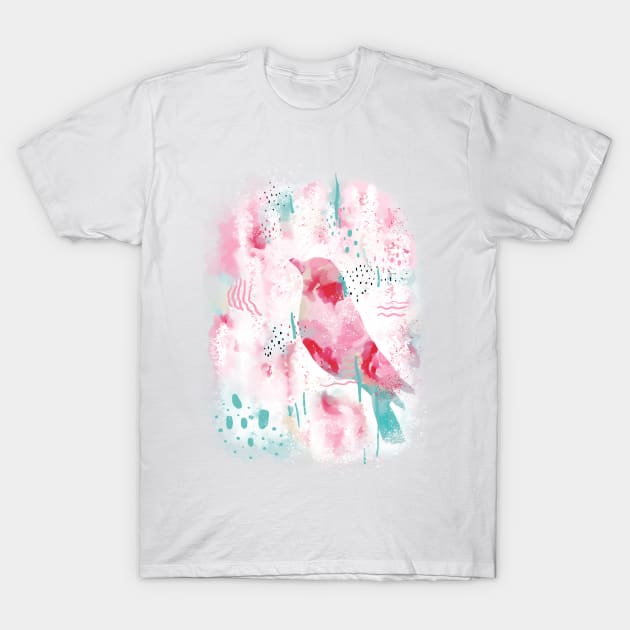 Modern Abstract Flowers and Bird Pink and Mint print T-Shirt by in_pictures